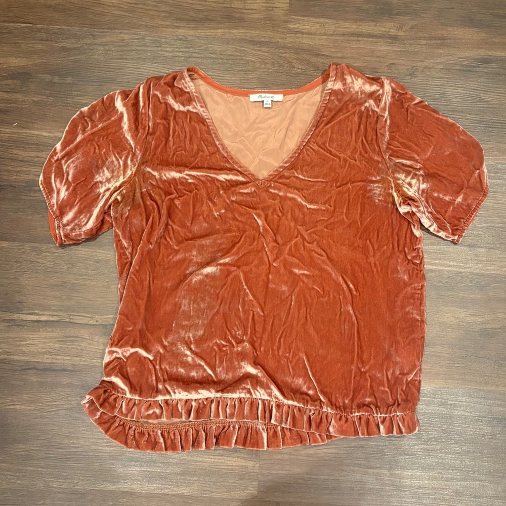Whimsigoth Madewell Rust Orange Velvet Tulip Sleeve Ruffle V Neck Top M